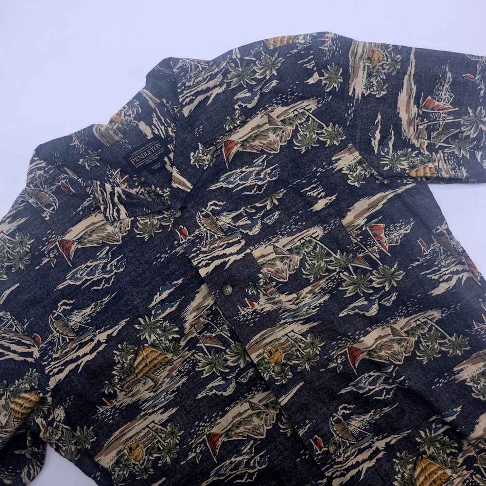 Pendleton Mens Island Scenic Print Aloha Shirt‎ Navy Blue Short Sleeve RA397 M